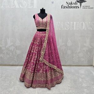 Pink and Gold Embroidered Lehenga and Choli Set